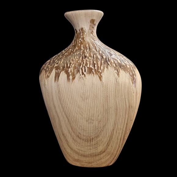 Mid Century Modern Drip Glaze Vase 8" x 5" Textured Brown Beige Studio Pottery - Picture 1 of 6